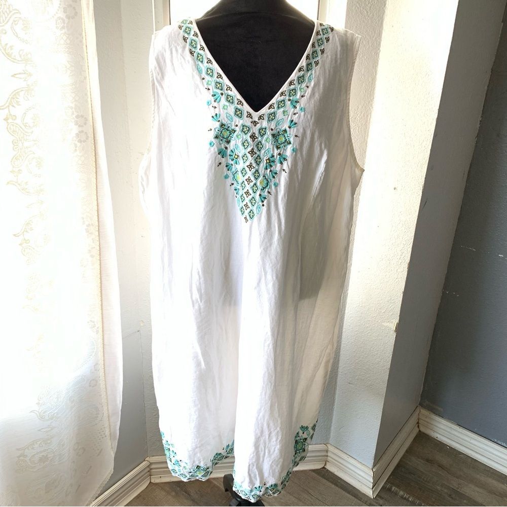J Jill White Linen Maxi Dress Embroidered – 3X Plus Size Resort Coastal